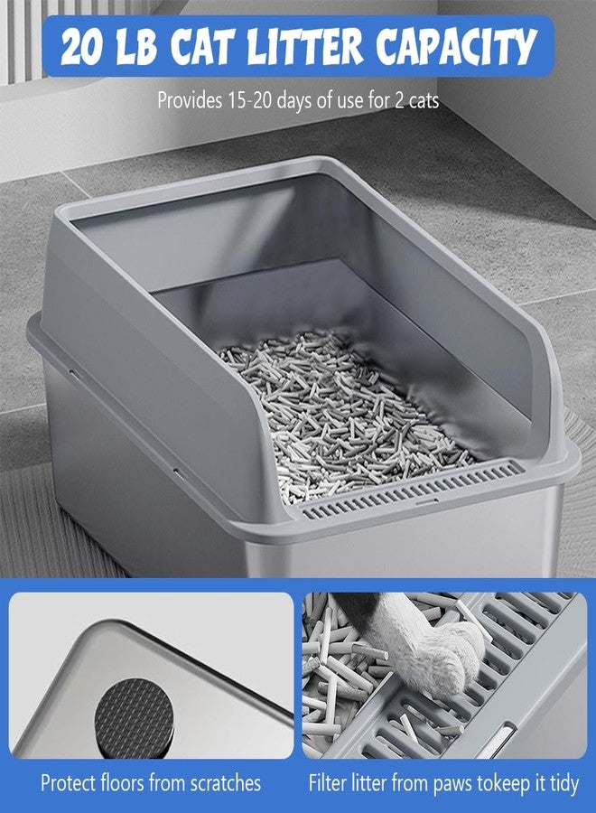 Qpets® Open Top Stainless Steel Cat Litter Box Easy to Clean with Anti-Tip Design Includes Scoop & 4 Non-Slip Mats High Wall Cat Toilet for Odor Control (50x35x20cm, for Under 10kg Cats) - Image 4
